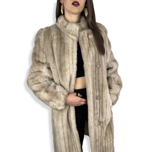 Vintage Jackets & Blazers - VTG 1950’s taupe faux fur full length coat